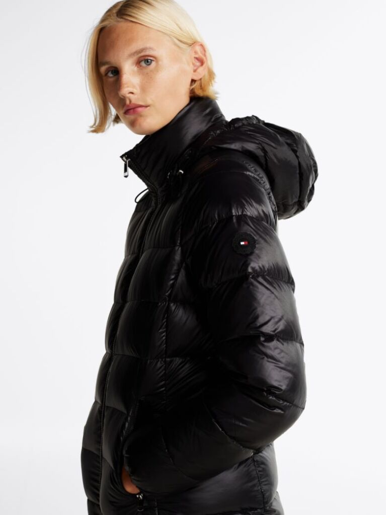 Black Down-Filled Glossy Hooded Puffer Coat  Women