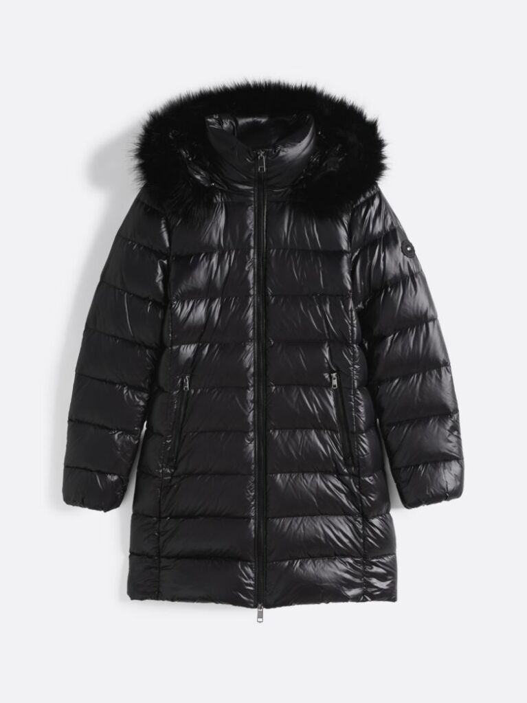 Black Down-Filled Glossy Hooded Puffer Coat  Women