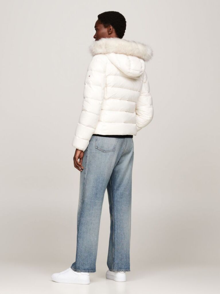 White Faux Fur Trim Down Jacket  Women