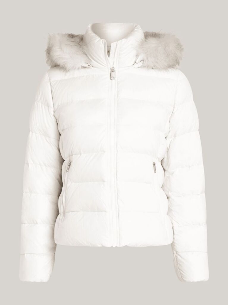White Faux Fur Trim Down Jacket  Women