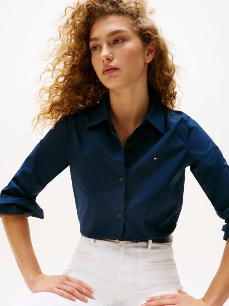 Blue Stretch Regular Long-Sleeve Shirt  Women
