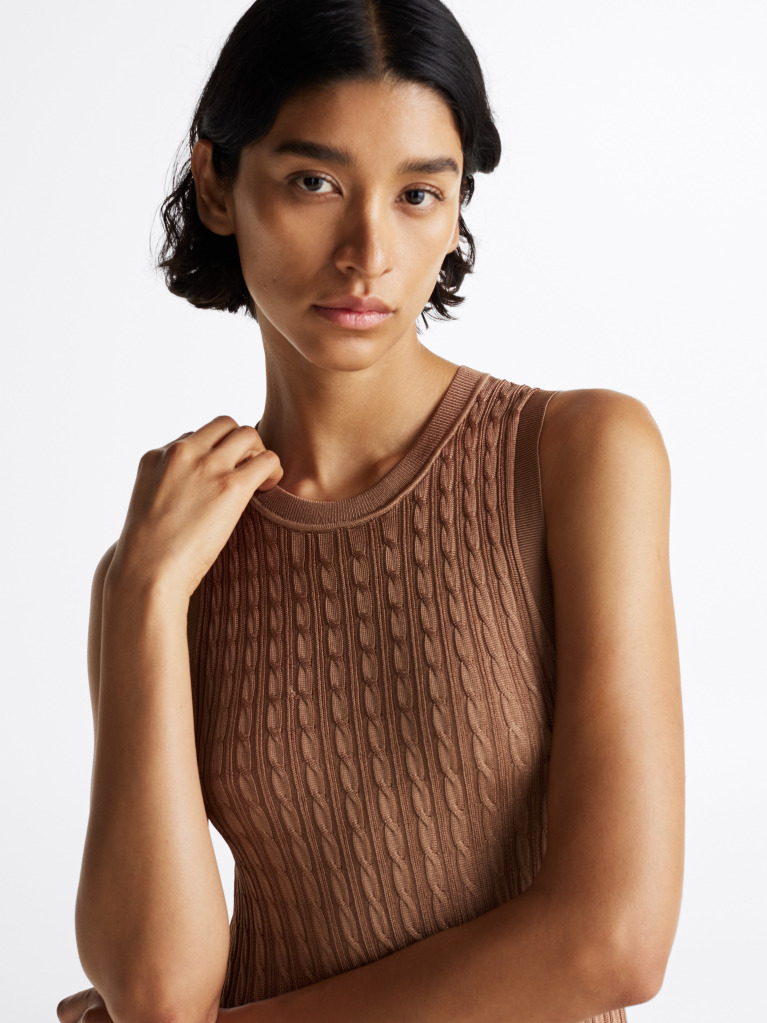 Brown Slim Maxi Cable Knit Dress  Women