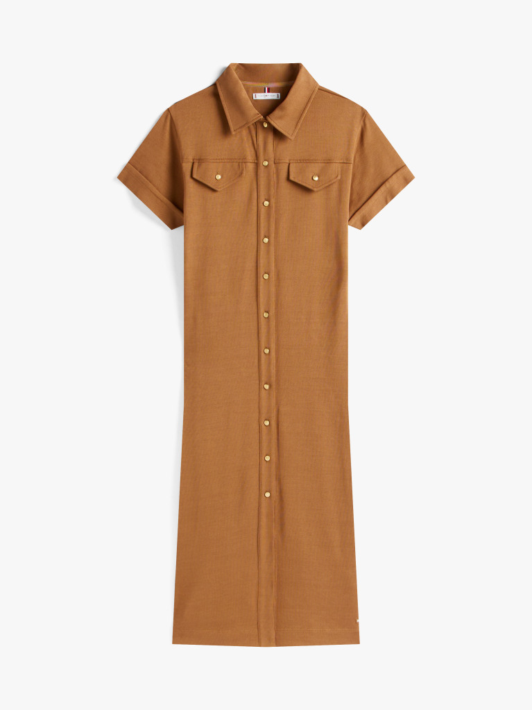 Brown Gold-Tone Button Midi Shirt Dress  Women