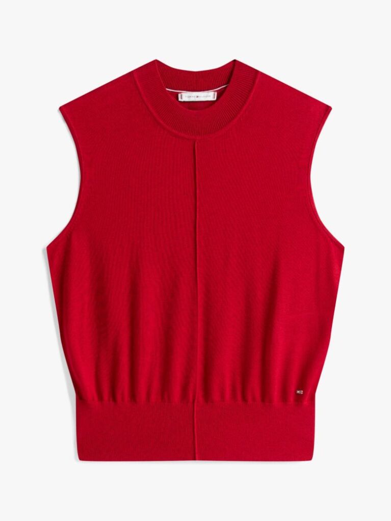Red Mock Neck Sleeveless Top With Silk  Women