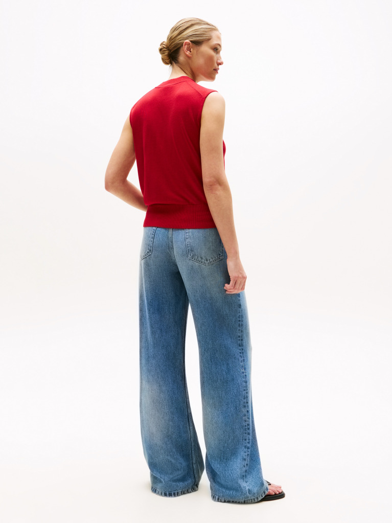 Red Mock Neck Sleeveless Top With Silk  Women