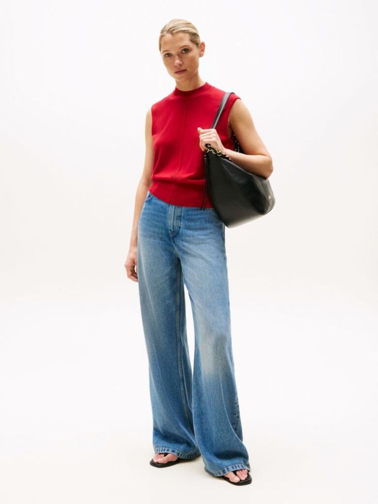 Red Mock Neck Sleeveless Top With Silk  Women