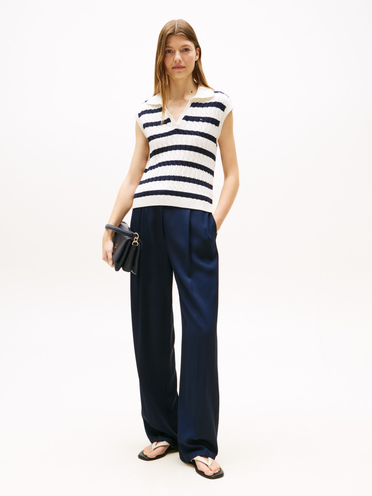 Multi Cable Knit Sleeveless Polo Jumper  Women
