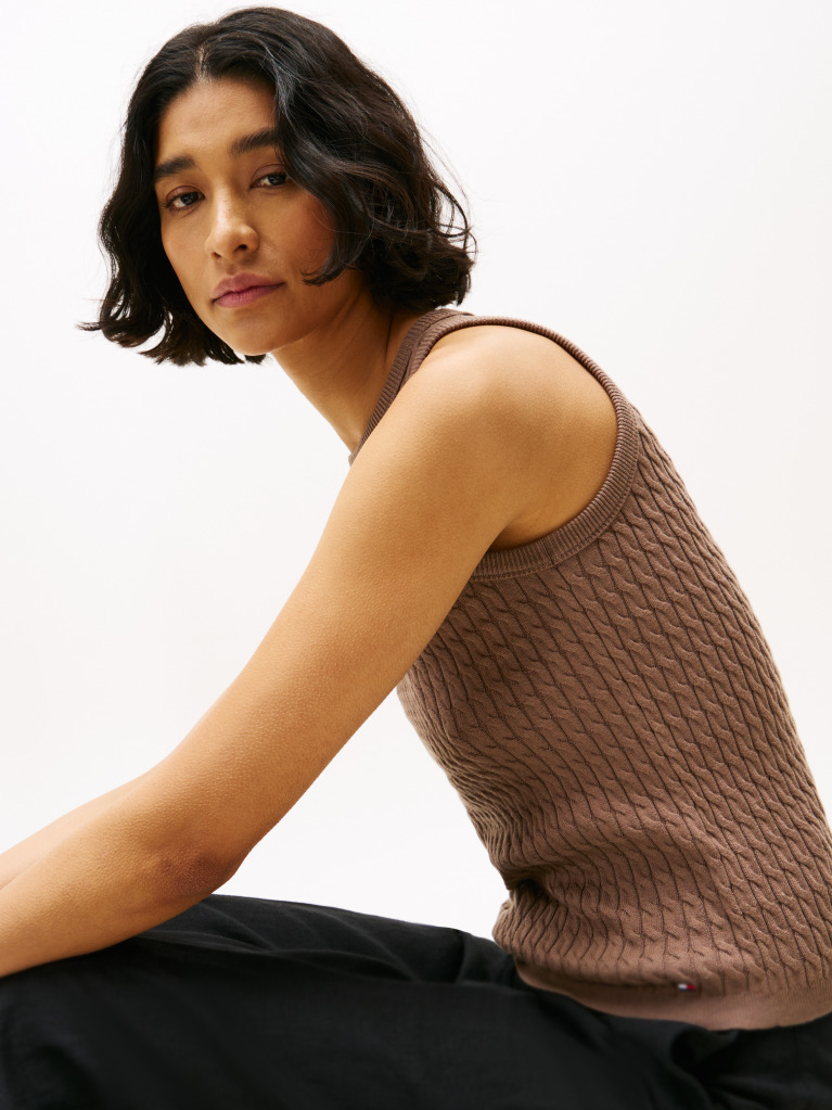 Brown Cable Knit Sleeveless Slim Jumper  Women