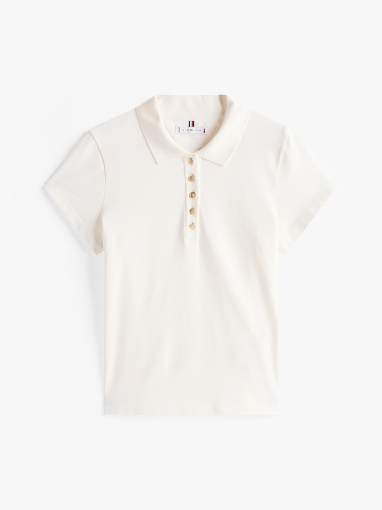 Beige Gold-Tone Button Slim Fit Polo Shirt  Women