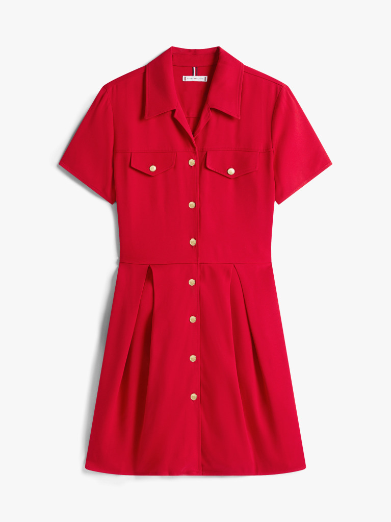 Red Gold-Tone Button Mini Shirt Dress  Women
