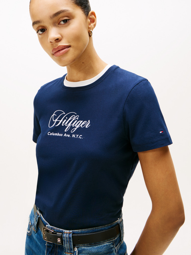 Blue Logo Embroidery Crew Neck T-Shirt  Women