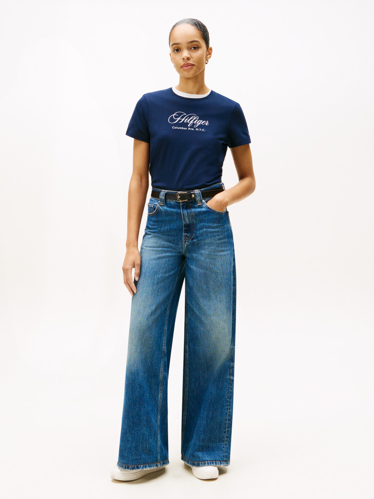Blue Logo Embroidery Crew Neck T-Shirt  Women