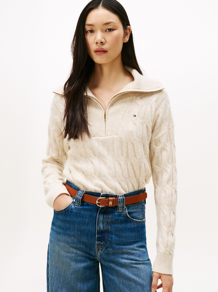 Beige Half-Zip Cable Knit Soft Wool Jumper  Women