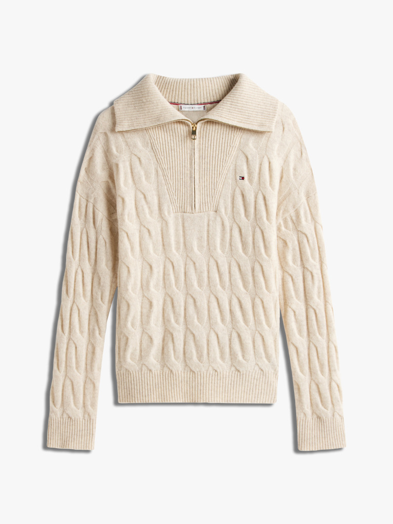 Beige Half-Zip Cable Knit Soft Wool Jumper  Women