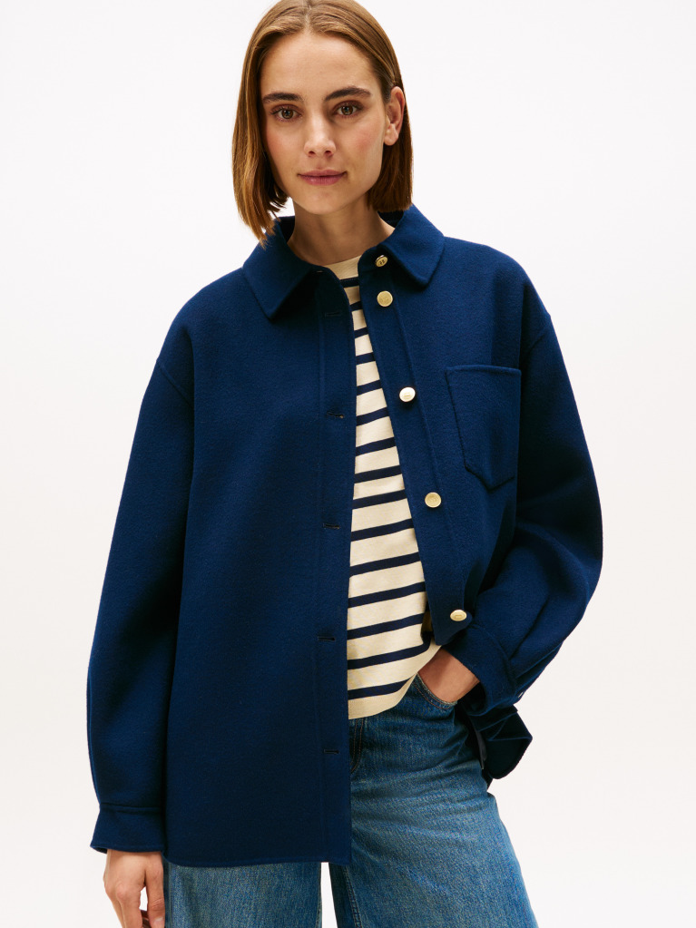 Blue Wool Blend Pocket Regular Shacket  Women
