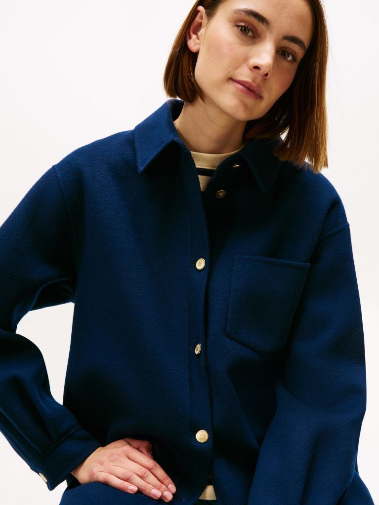 Blue Wool Blend Pocket Regular Shacket  Women