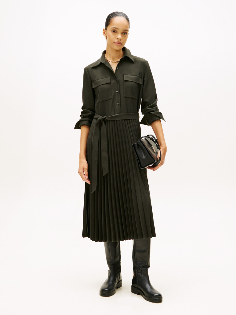 Green Pleated Relaxed Midi Shirt Dress  Women
