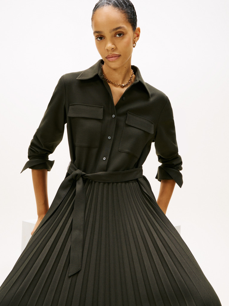 Green Pleated Relaxed Midi Shirt Dress  Women