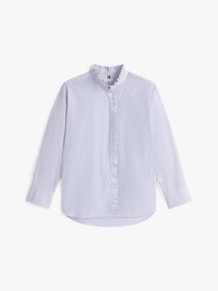 Blue Ruffle Collar Poplin Relaxed Fit Shirt  Women