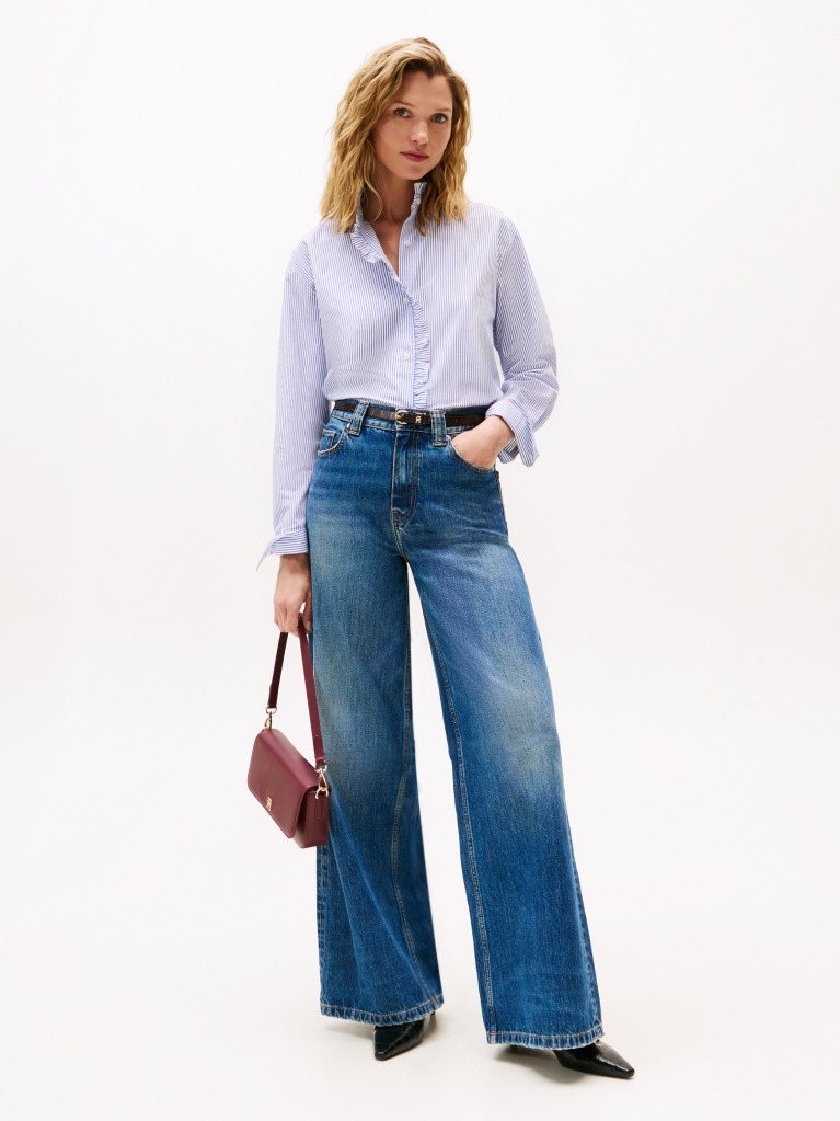 Blue Ruffle Collar Poplin Relaxed Fit Shirt  Women