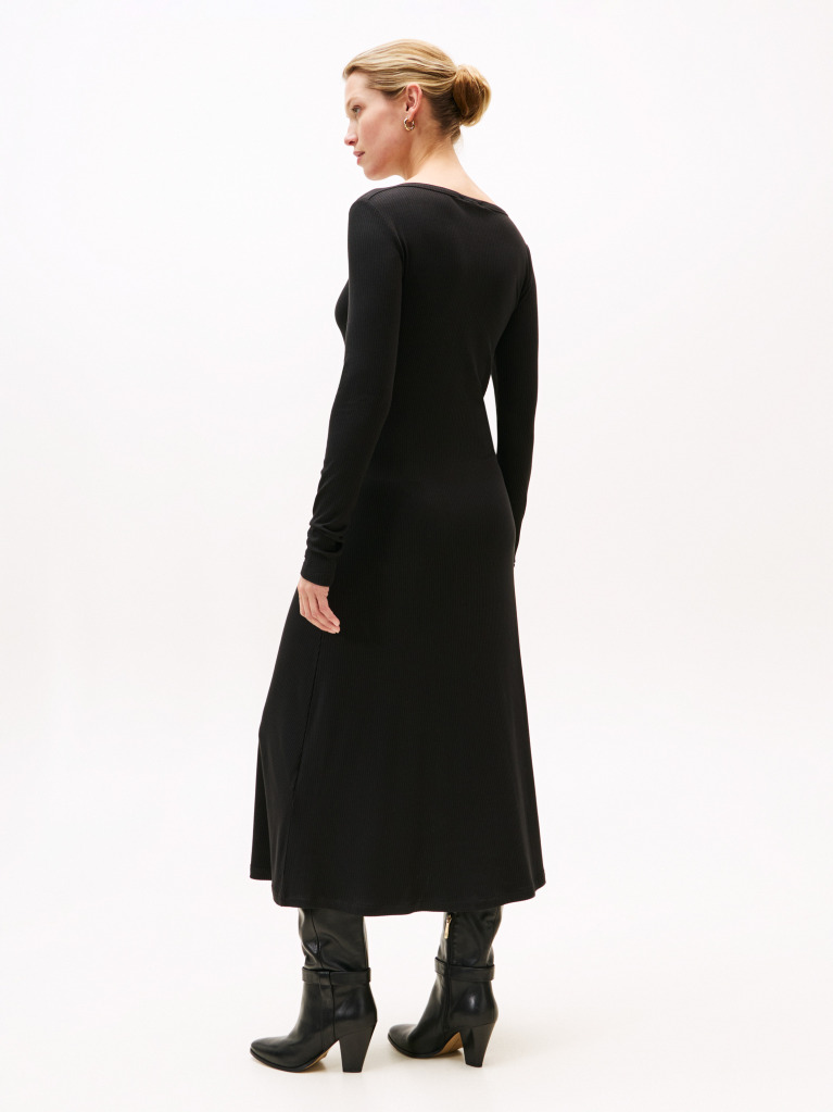 Black Ribbed Midi Fit And Flare Dress  Women