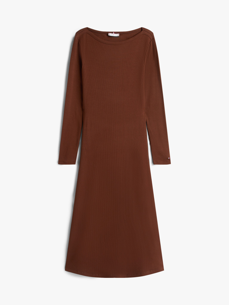 Brown Ribbed Midi Fit And Flare Dress  Women