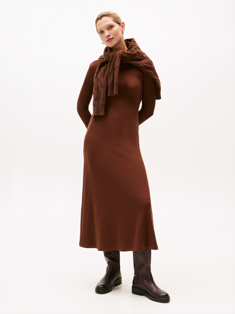 Brown Ribbed Midi Fit And Flare Dress  Women