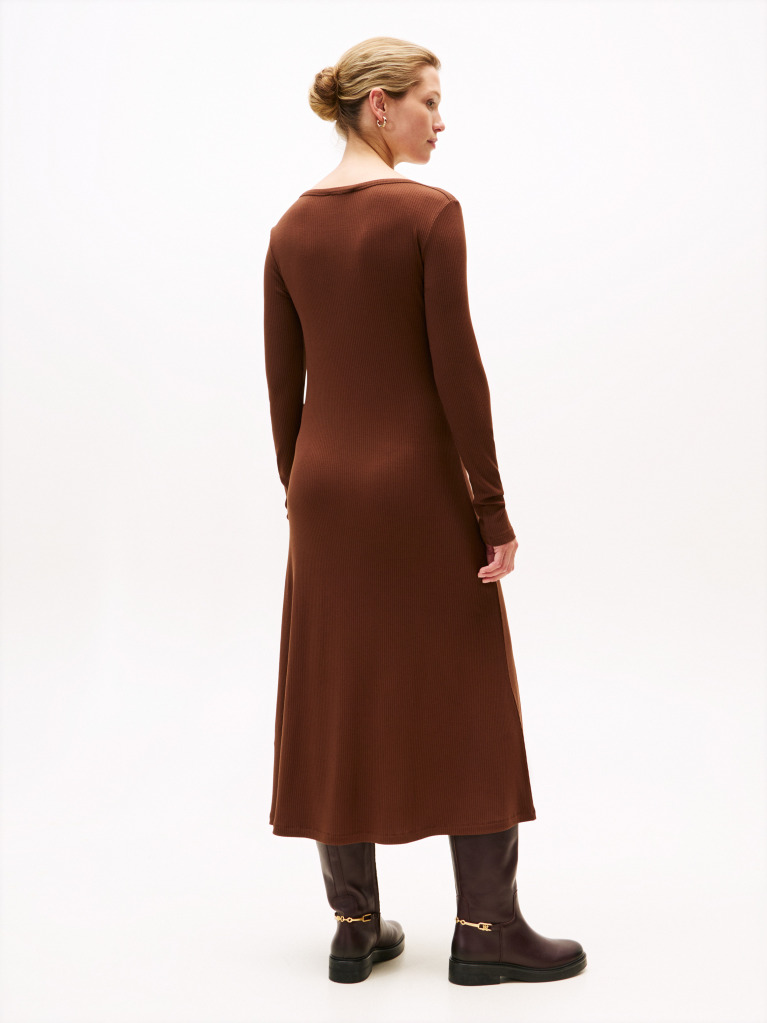 Brown Ribbed Midi Fit And Flare Dress  Women