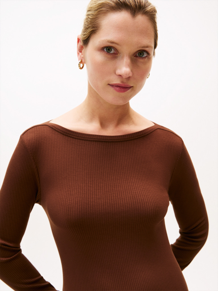Brown Ribbed Midi Fit And Flare Dress  Women
