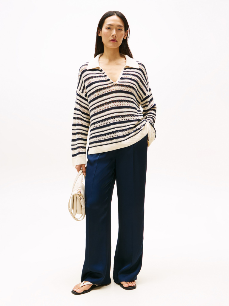 Blue Sateen Relaxed Straight Leg Trousers  Women