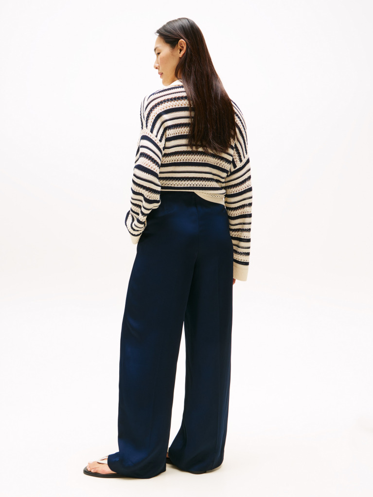 Blue Sateen Relaxed Straight Leg Trousers  Women