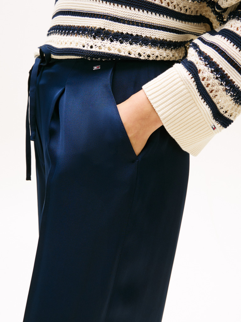 Blue Sateen Relaxed Straight Leg Trousers  Women