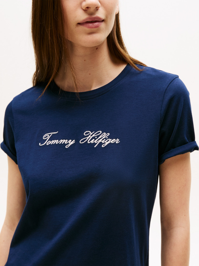 Blue Logo Embroidery Crew Neck T-Shirt  Women