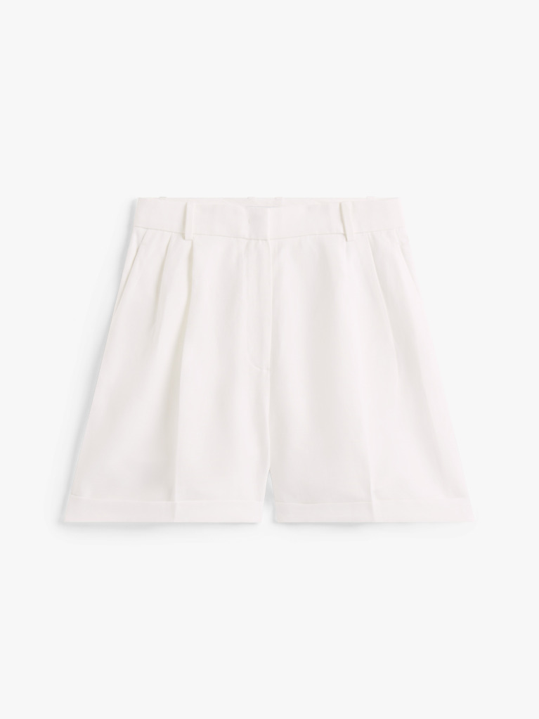 White Linen Blend Pleated Shorts  Women