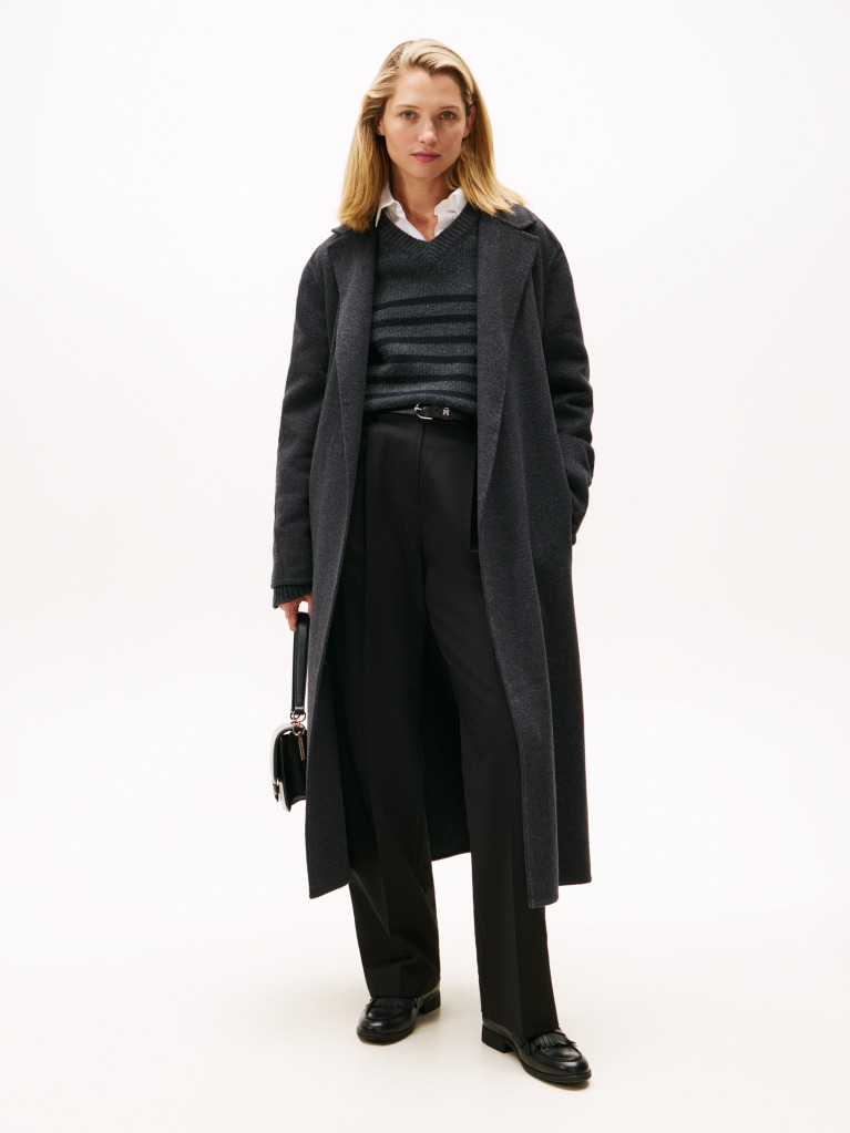 Grey Double-Faced Wool Blend Belted Longline Coat  Women