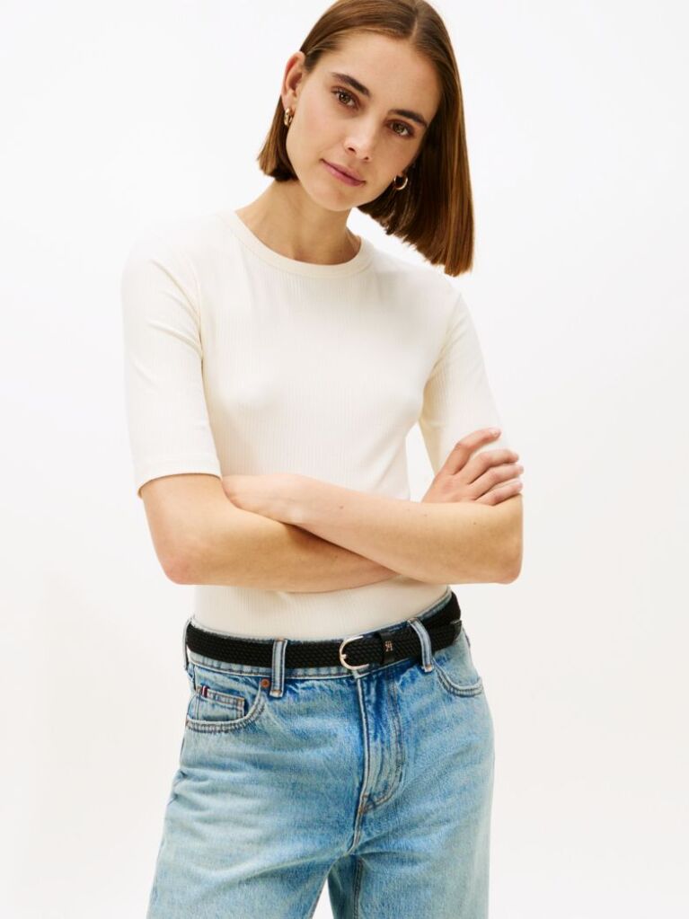 Beige Ribbed Slim Half Sleeve T-Shirt  Women