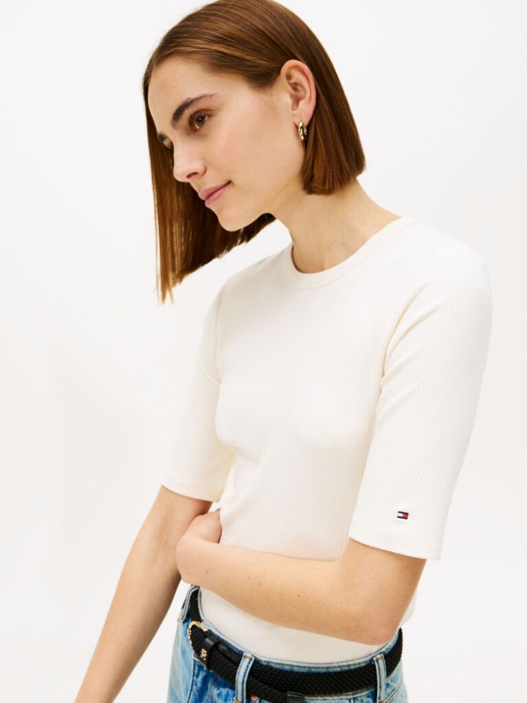 Beige Ribbed Slim Half Sleeve T-Shirt  Women