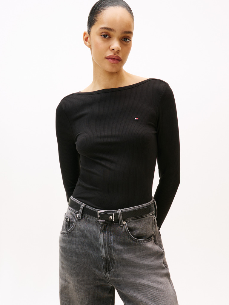 Black Ribbed Slim Boat Neck T-Shirt  Women
