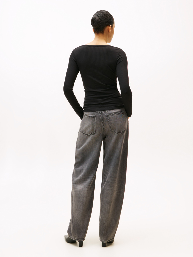 Black Ribbed Slim Boat Neck T-Shirt  Women