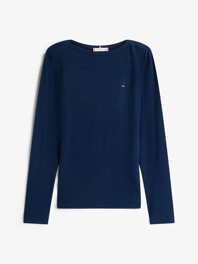 Blue Ribbed Slim Boat Neck T-Shirt  Women