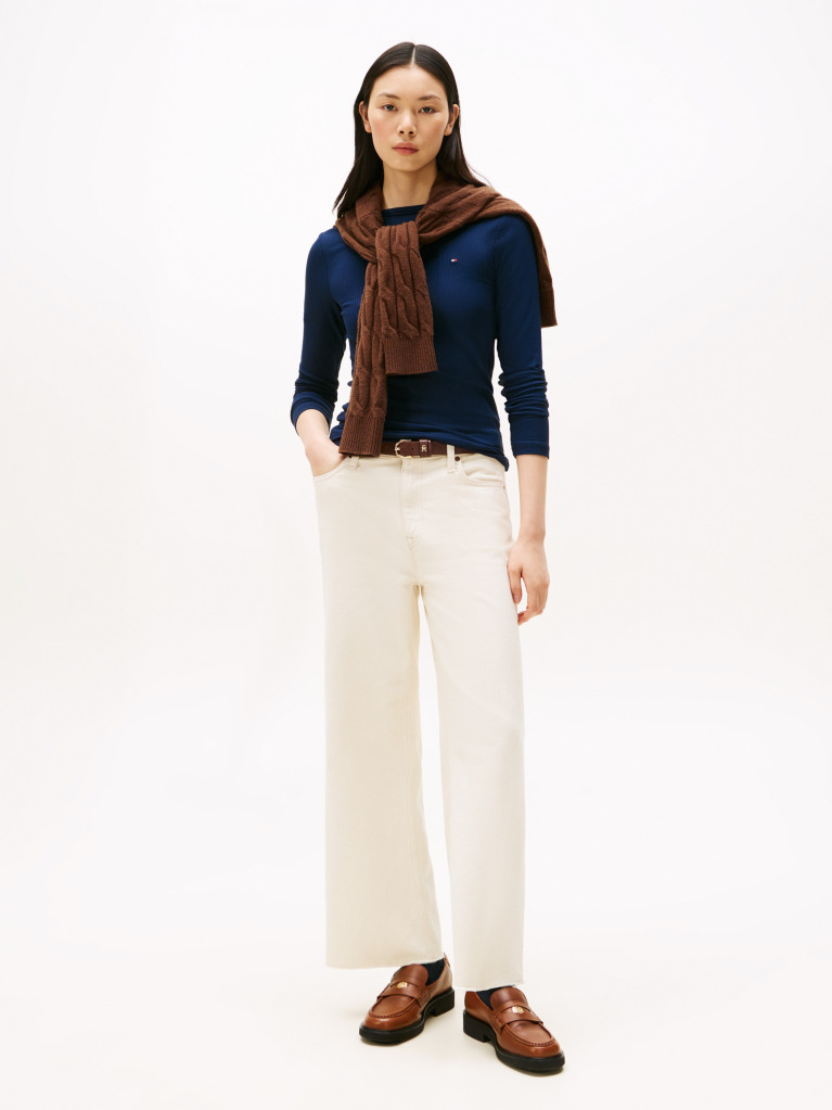 Blue Ribbed Slim Boat Neck T-Shirt  Women
