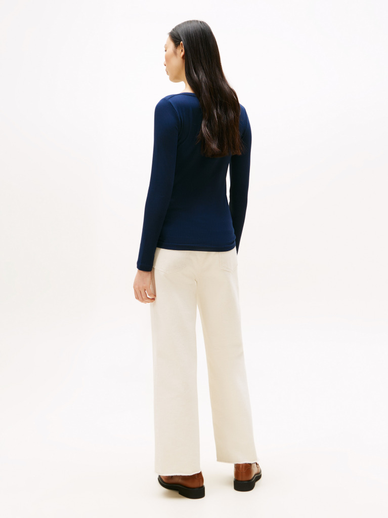 Blue Ribbed Slim Boat Neck T-Shirt  Women