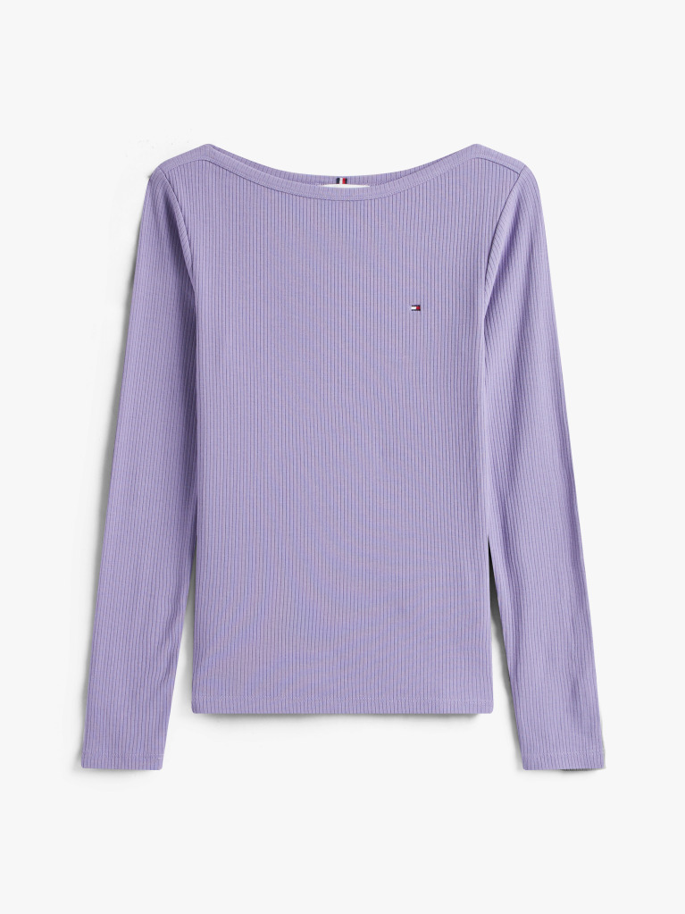 Purple Ribbed Slim Boat Neck T-Shirt  Women