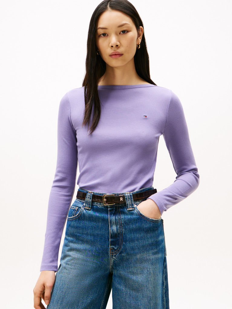 Purple Ribbed Slim Boat Neck T-Shirt  Women