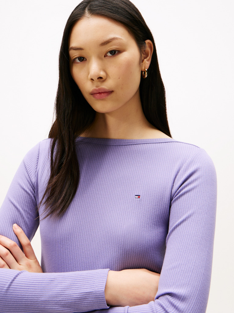Purple Ribbed Slim Boat Neck T-Shirt  Women
