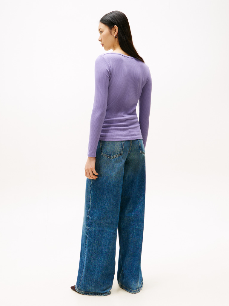 Purple Ribbed Slim Boat Neck T-Shirt  Women