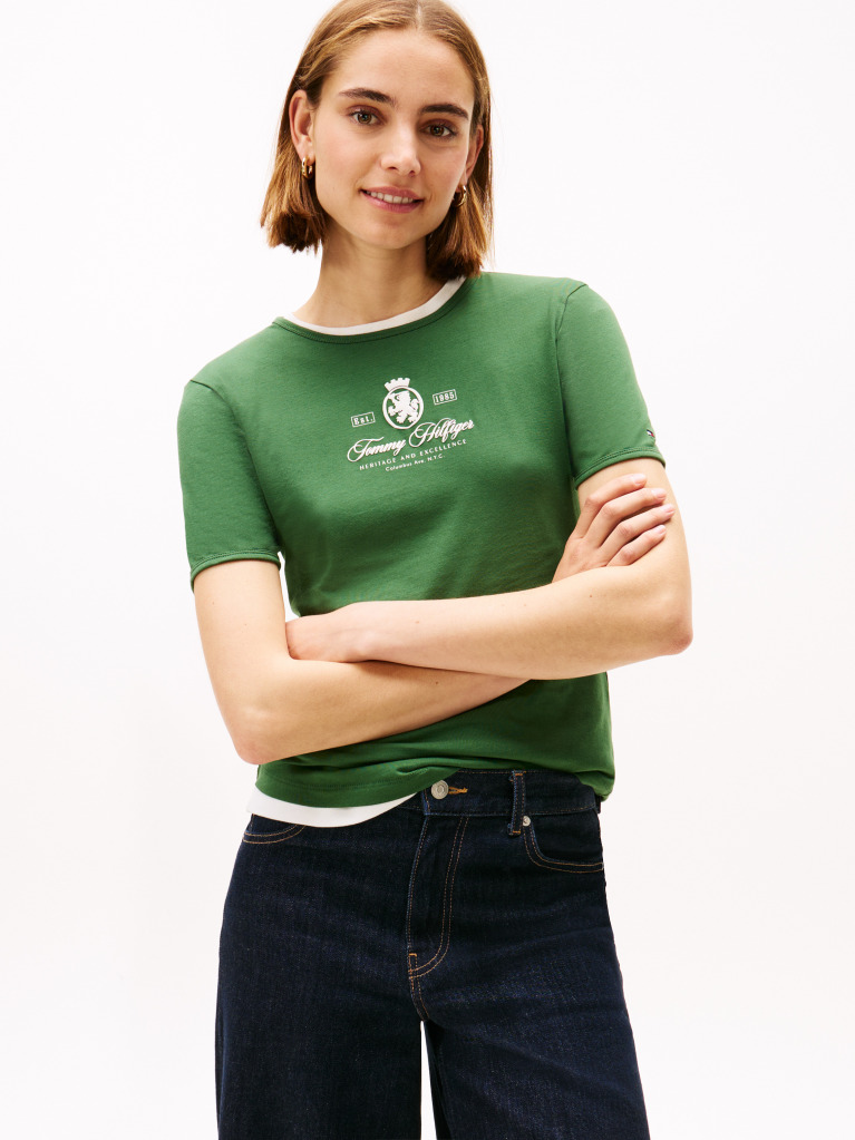 Green Varsity Crest Slim Short Sleeve Tee  Women