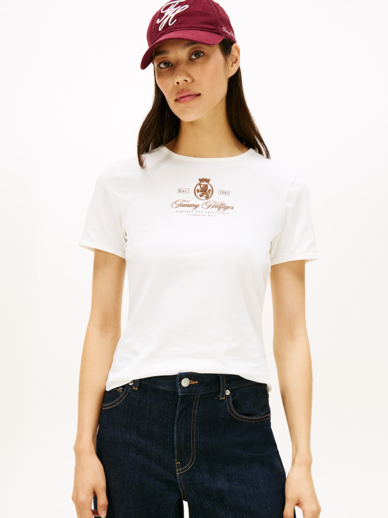 Beige Varsity Crest Slim Short Sleeve Tee  Women