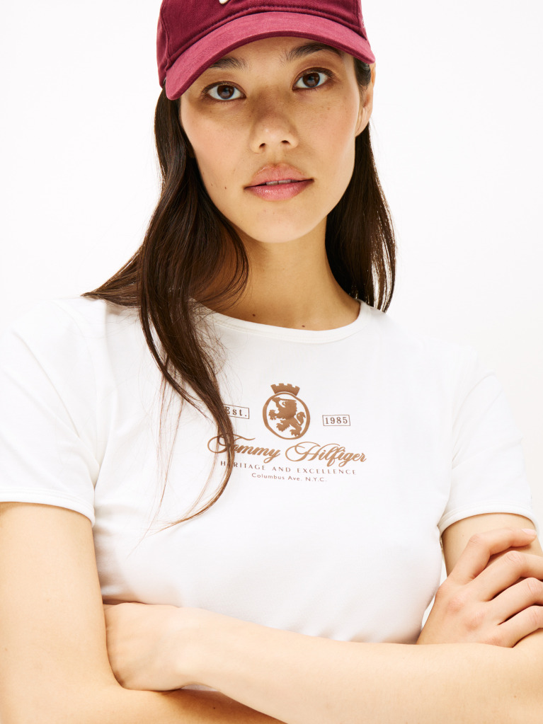 Beige Varsity Crest Slim Short Sleeve Tee  Women