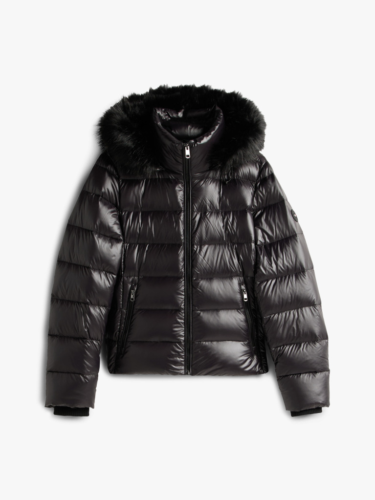 Black Shiny Water Repellent Down Hooded Jacket  Women